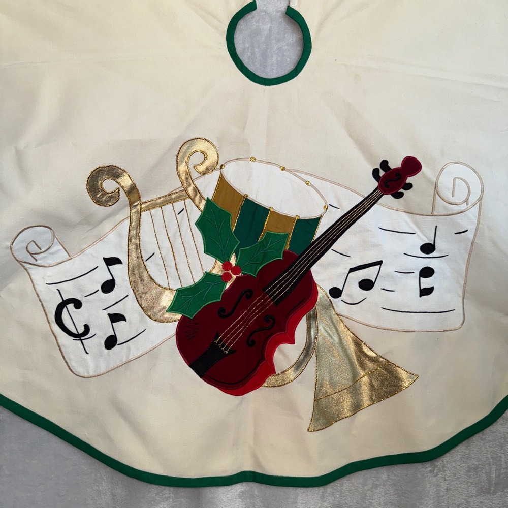 Christmas Tree Skirt Musical Instruments Holiday Harp Violin Drum 45" Beige‎